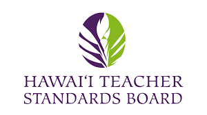 oval logo with half purple and half green backgrounds and a white image of leaves within. The words Hawaii Teacher Standards Board is written below in purple font.